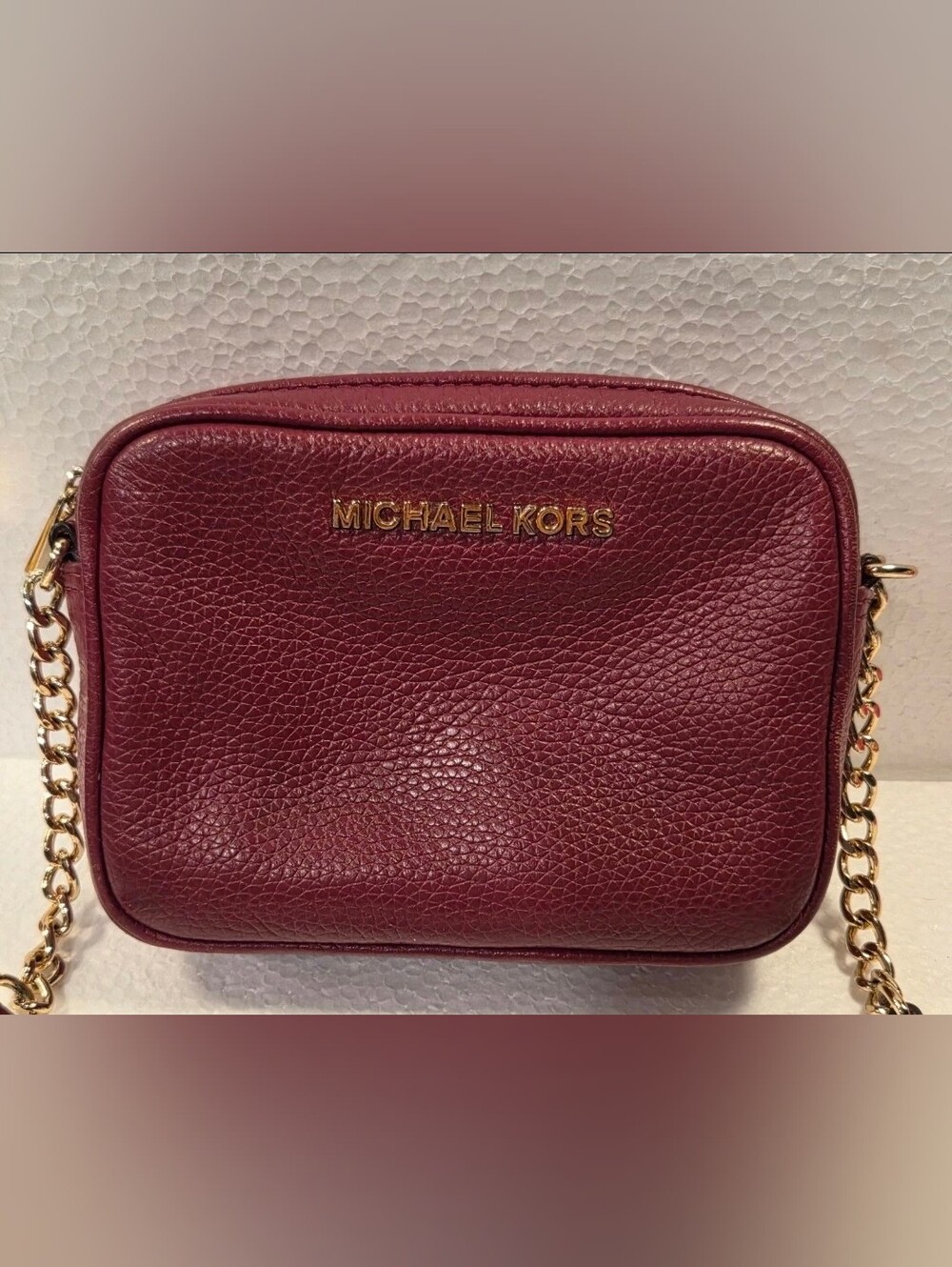 Michael Kors Maroon Pebbled Leather Crossbody Bag with Gold Chain